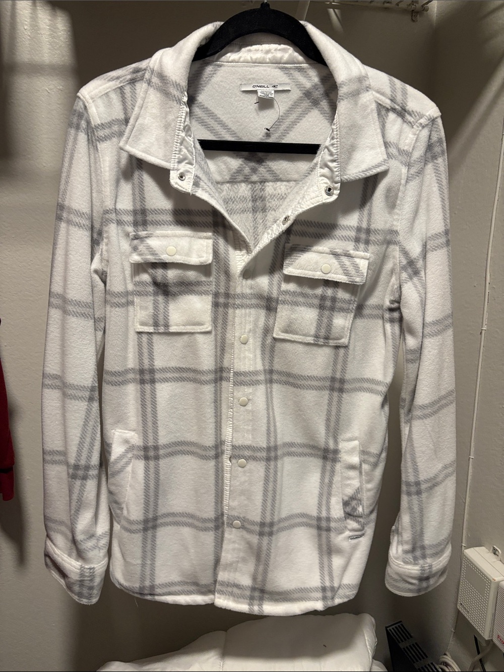 O'Neill White and Gray Plaid Button-Down Shirt Jacket